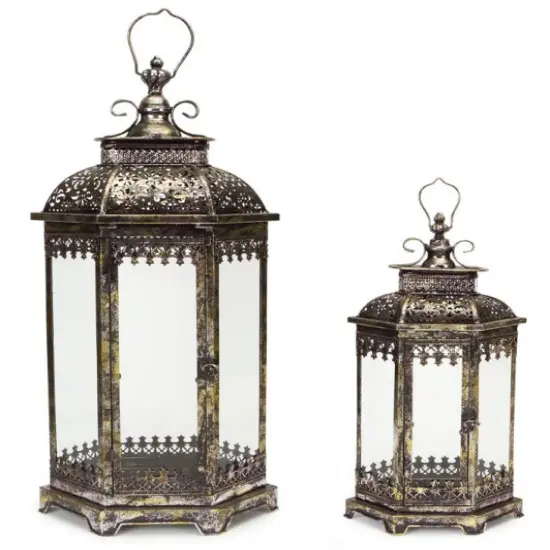 Melrose Set of 2 Antique Style Pewter Gray Decorative Glass Pillar Candle Lanterns 34" {1}