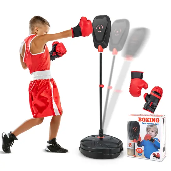 Costway Kids Punching Bag with Stand Height Adjustable Boxing Equipment with Gloves {1}