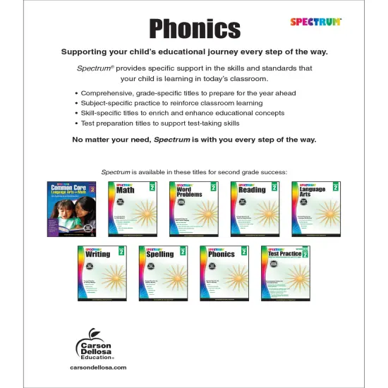 Spectrum Grade 2 Phonics Workbook, Sight Words Vocabulary, Vowels, Blends, Spelling, Grammar, and More, Language Arts Classroom or Homeschool Curriculum {2}
