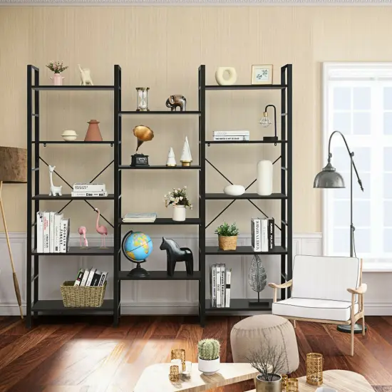 Costway Triple Wide 5-tier Bookcase Large Bookshelf Display Storage Shelf Vintage Black {2}