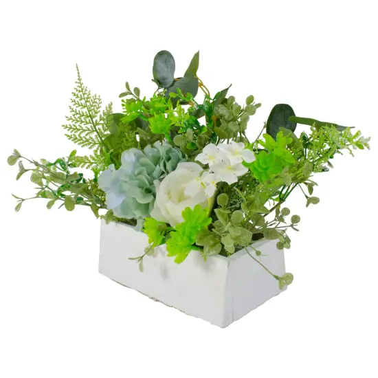 Northlight Hydrangea and Rose Artificial Floral Arrangement in Planter - 14" - Blue and White Green {5}