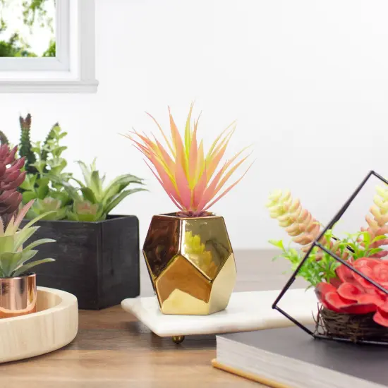 Northlight 8" Green Artificial Sword Grass in a Gold Geometric Pot {3}