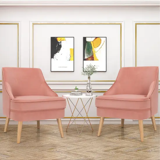 Costway Set of 2 Accent Chairs Velvet Single Sofa Chair w/Rubber Wood Legs Pink\Green\Grey {2}