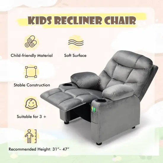 Kids Recliner Chair with Cup Holders Suitable for Children's Room, Living Room and Bedroom Light Grey {3}