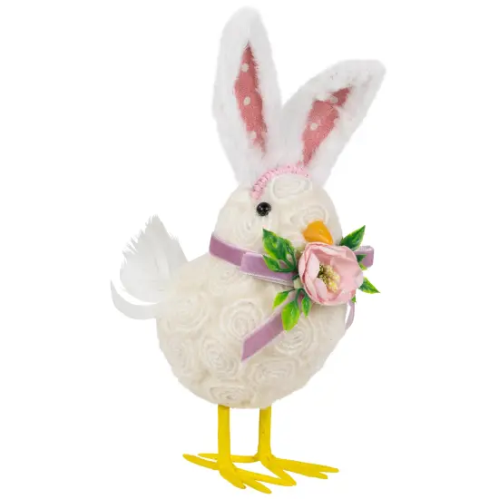 Northlight Floral Easter Chick with Polka Dot Faux Fur Rabbit Ears Figurine - 8.75" White {5}