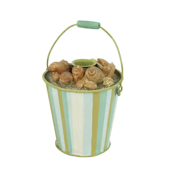 Gallerie II 4.5" Beach Inspired Green, Blue and White Striped Seashell Pail Taper Candle Holder {1}