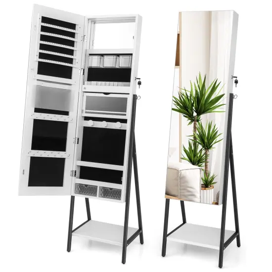 Freestanding Full-Length Mirror Jewelry Cabinet with Metal Tube Frame and 3 Color LED Lighting White {4}