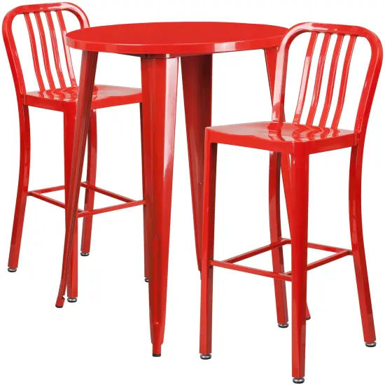 Emma and Oliver Commercial 30" Round Metal Indoor-Outdoor Bar Table Set & 2 Slat Back Stools Red {1}