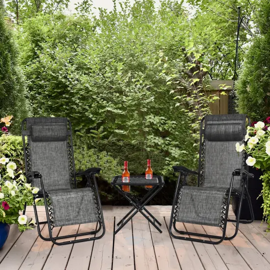 3 Pieces Folding Portable Zero Gravity Reclining Lounge Chairs Table Set Grey {1}