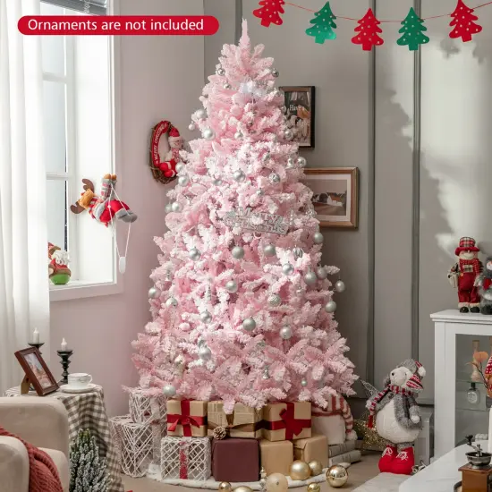 Costway 7 FT Flocked Artificial Christmas Tree Hinged with 500 LED Lights 1200 Branch Tips {3}