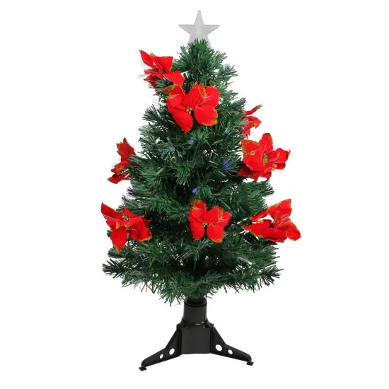 DAK 3' Pre-Lit Medium Fiber Optic Red Poinsettias Artificial Christmas Tree - Multicolor Lights {1}
