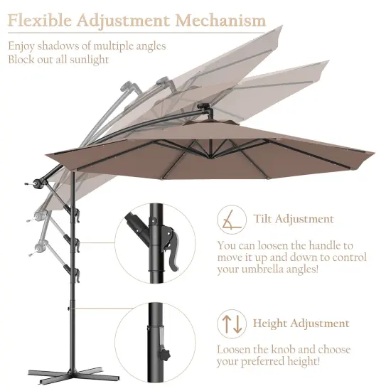 Costway 10' Hanging Solar LED Umbrella Patio Garden Sun Shade Offset Market W/Base Tan {6}