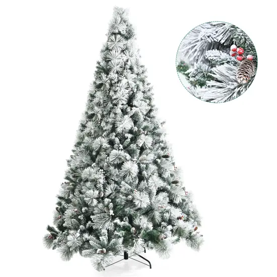 Costway 8ft Snow Flocked Christmas Tree Glitter Tips w/ Pine Cone & Red Berries {1}
