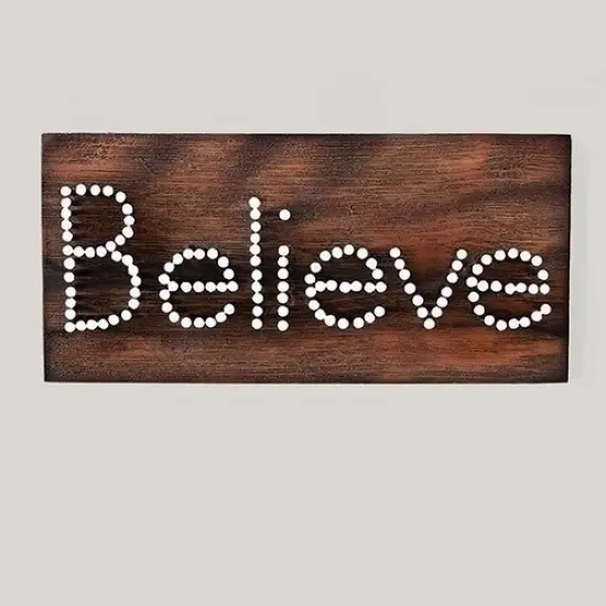 Roman 9.5" Decorative Stained Wood "Believe" Nail Plaque Table or Wall Art Decoration Brown {1}