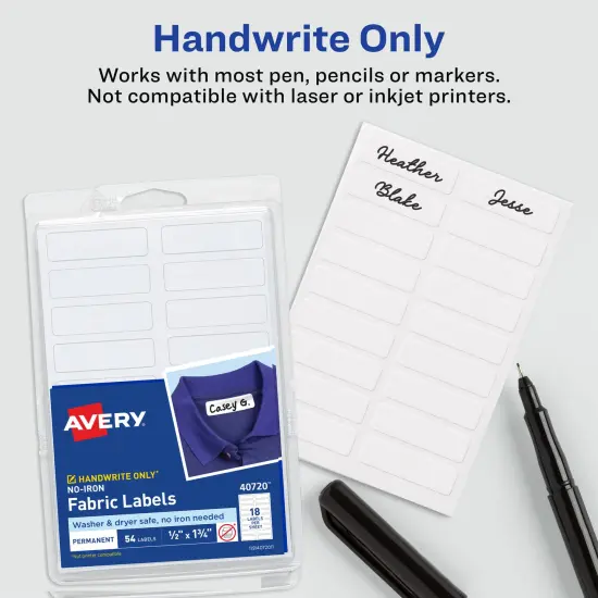Avery No-Iron Fabric Labels, 1/2" x 1-3/4", Washer and Dryer-Safe, White, Non-Printable, 54 Labels Per Pack, 108 Blank Labels Total (2-Pack of 40720) {4}