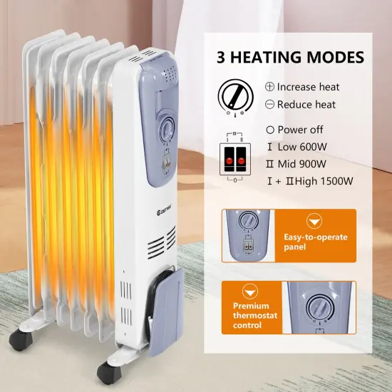 Costway 1500W Electric Oil Filled Radiator Space Heater 7-Fin Thermostat Room Radiant {6}