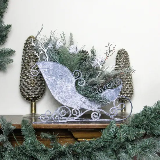 Northlight Frosted Christmas Pinecone, Bell and Foliage Filled Sleigh - 9.5" Gray {4}