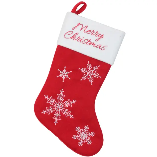 Northlight 16" Red and White Merry Christmas Snowflake Embroidered Christmas Stocking {1}