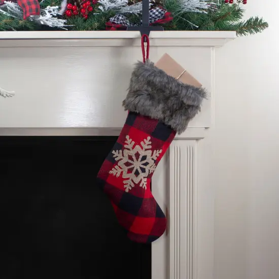 Northlight 19" Red and Black Buffalo Plaid Christmas Stocking with Snowflake {3}