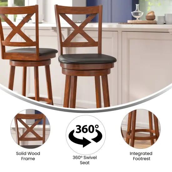 Merrick Lane Sora 30" Classic Wooden Crossback Swivel Bar Height Pub Stool with Upholstered Padded Seat and Integrated Footrest Antique Oak/Black {2}