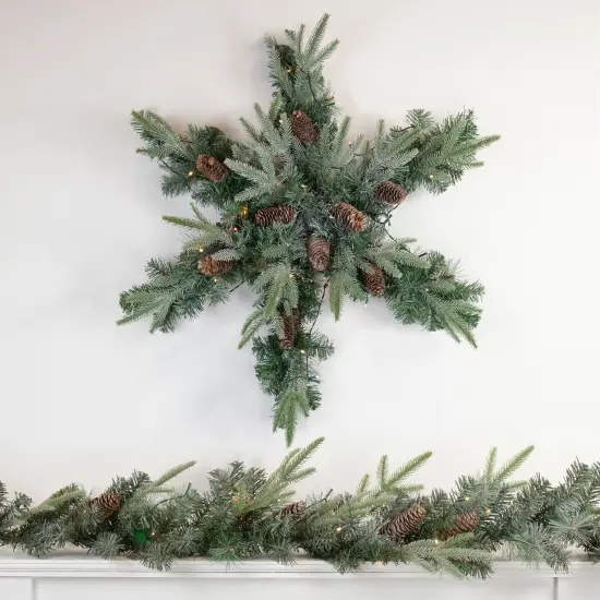Northlight Pre-Lit Battery Operated Mixed Pine Christmas Snowflake Wreath - 32" - Warm White LED Lights Green {3}