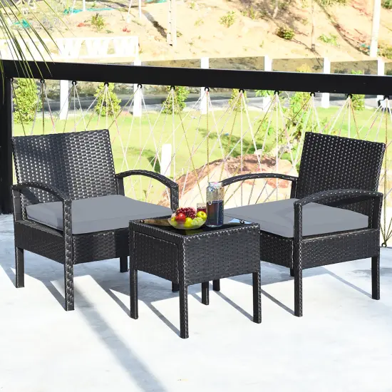 Costway 3PCS Patio Rattan Furniture Set Coffee Table Conversation Sofa Outdoor Cushioned Gray {1}