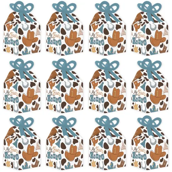 Big Dot of Happiness My First Rodeo - Square Favor Gift Boxes - Little Cowboy 1st Birthday Party Bow Boxes - Set of 12 {5}