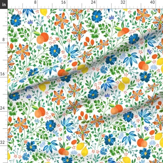 Various Fabrics by the Yard or Fat Quarter Botanical White Green Blue Lemons Oranges Custom Printed Fabric by Spoonflower {1}