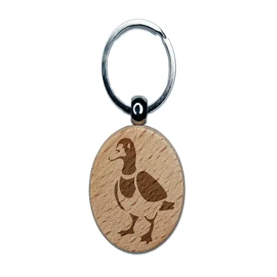 Standing Mallard Duck Engraved Wood Round Keychain Tag Charm {1}