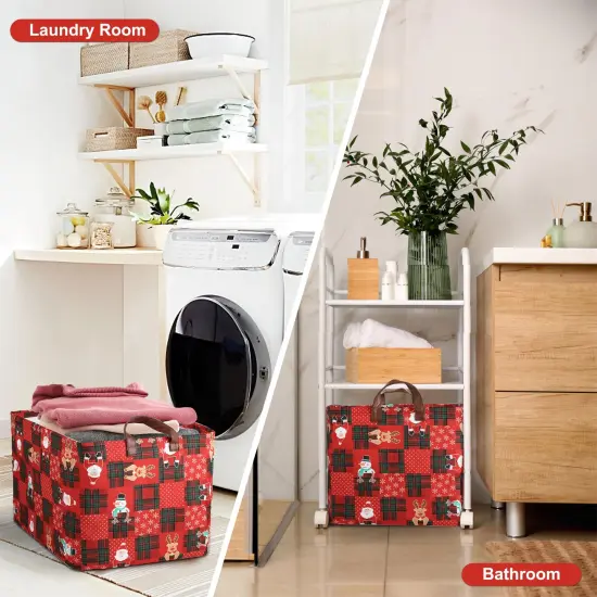 Christmas Red Storage Bin Basket Collapsible with Leather Handles Waterproof Canvas Storage Cube Box for Closet Toys Clothes Snowman Santa Room Decor Gift Basket {5}