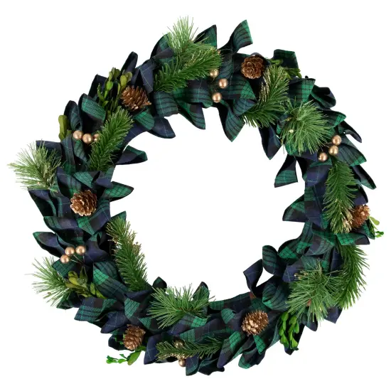 Northlight Blue and Green Plaid Bow Artificial Pine Christmas Wreath, 17.75-Inch, Unlit {1}