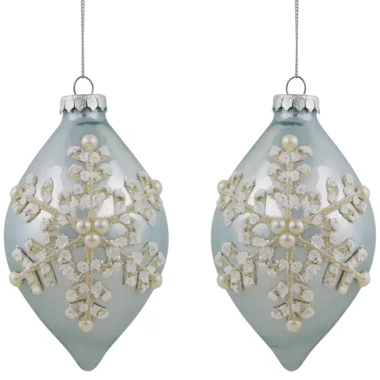 Northlight Set of 2 Shiny Artic Blue Textured Snowflakes Finial Christmas Glass Ornaments 5" {1}