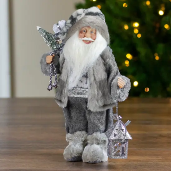 Northlight Faux Fur Standing Santa Claus Christmas Figurine with Bag and Lantern - 12" Gray {3}