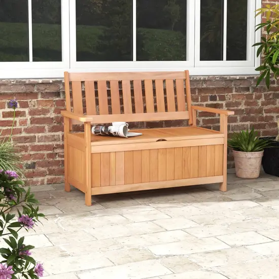 Costway 48 Inch Patio Storage Bench Wood Loveseat with Slatted Backrest for Backyard {2}