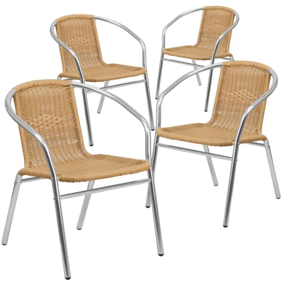 Emma and Oliver 4 Pack Aluminum and Rattan Commercial Indoor-Outdoor Restaurant Stack Chair Aluminum and Beige {1}