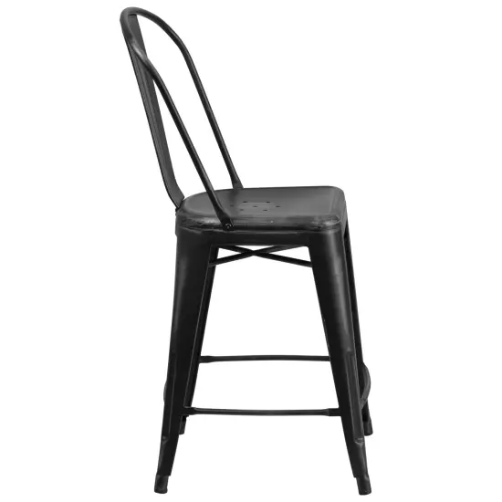 Merrick Lane Sabine Metal Indoor-Outdoor Counter Stool with Vertical Slat Back and Integrated Footrest Black {5}