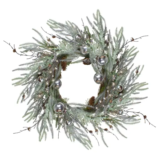 Northlight 28" Artificial Pine Frosted Christmas Wreath with Silver Berries-Unlit Green {1}