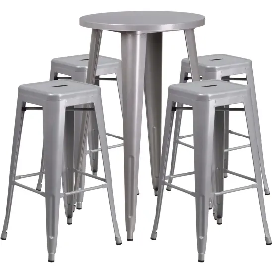 Merrick Lane Giosetta Patio Set with Table and Backless Stools - Powder Coated Metal Frames for Indoor and Outdoor Use Silver {1}