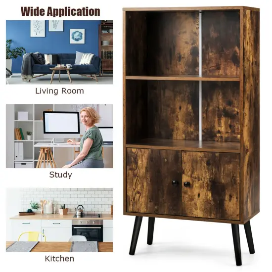 Costway 2-Tier Retro Bookcase Bookshelf w/3 Compartment&2 Doors Industrial Cabinet {6}