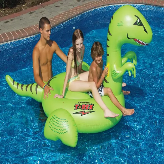 Swim Central 78" Inflatable Green and Black Giant T-Rex Ride-On Swimming Pool Float Toy {3}