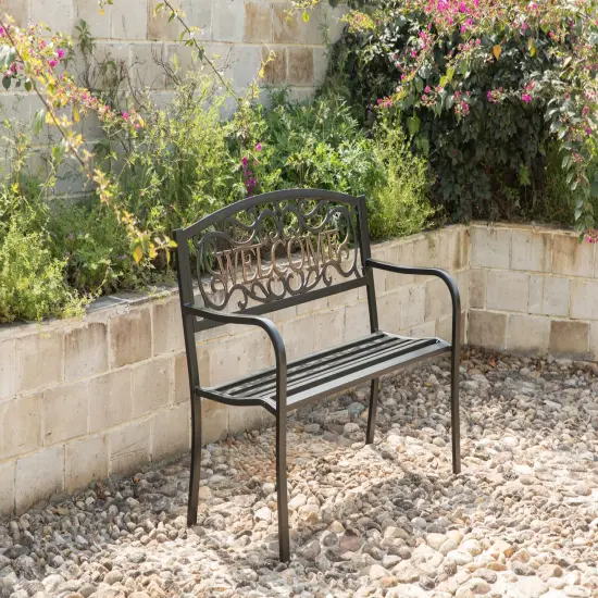 Steel Outdoor Patio Garden Park Seating Bench with Cast Iron Welcome Backrest, Front Porch Yard Bench Lawn Decor {5}