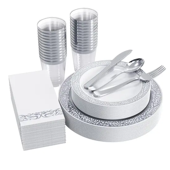 175 Pieces Silver Dinnerware Set 25 Guest-50 Silver Lace Plastic Plates-25 Silver Plastic Silverware-25 Silver Plastic Cups-25 Silver Paper Napkins, FOCUSLINE Disposable Dinnerware Set {2}