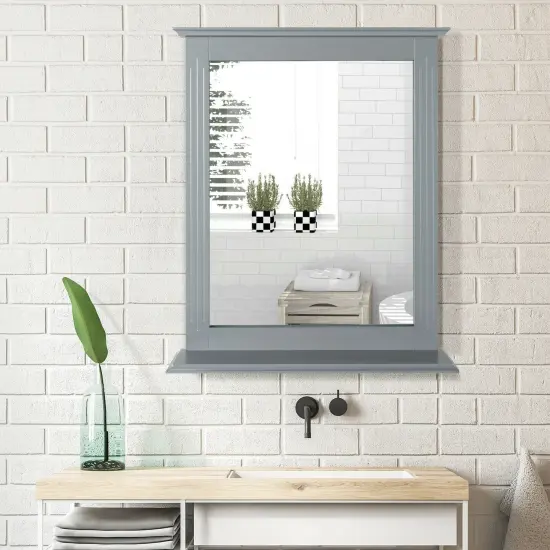 Space Saving Wall-Mounted Bathroom Vanity Mirror with Bottom Shelf Suitable for Any Room Gray {2}