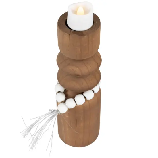 Northlight Wooden Tealight Candle Holder with Beaded Tassel - 9.75" - Brown {4}