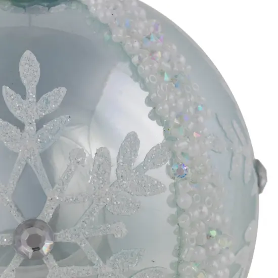 Northlight Glitter Snowflakes Beaded Christmas Glass Ball Ornaments - 4" - Ice Blue - Set of 2 {6}