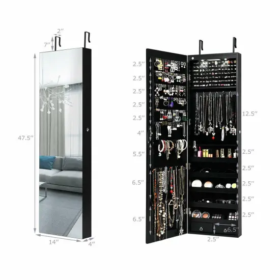 Wall and Door Mounted Mirrored Jewelry Cabinet with Lights Black {3}