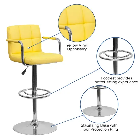 Emma and Oliver Contemporary Quilted Vinyl Adjustable Height Barstool with Arms Yellow {2}