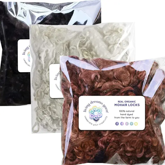 REAL MOHAIR LOCKS - 3 PACK. Organic Hand-Dyed Curly Wool for Rooting Doll Hair, Felting, Blending, Spinning {1}