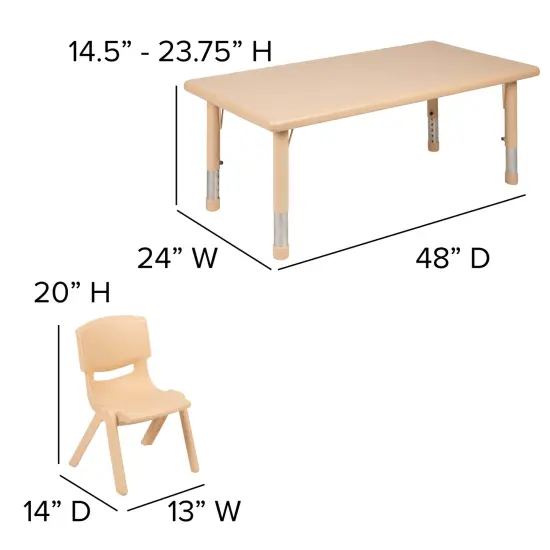 Emma and Oliver 24"W x 48"L Rectangular Plastic Height Adjustable Activity Table Set with 4 Chairs Natural {5}