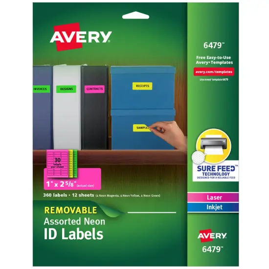 Avery Multipurpose Labels, Removable, Assorted Neon, 1 x 2.625 Inches, Pack of 360 (6479) {1}